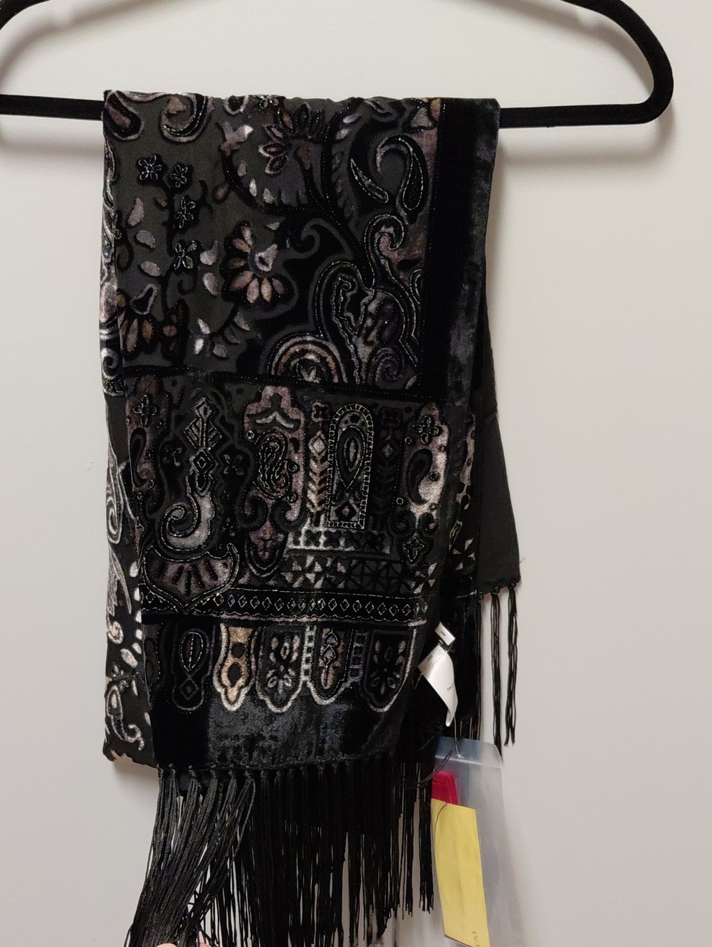 Susan Graver Black Velvet Paisley Fringe Scarf with Metallic Accents NWT